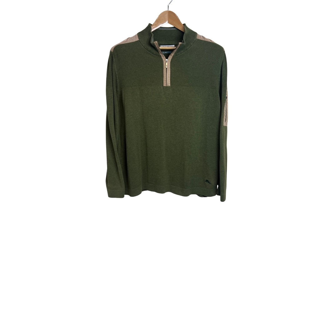 Tommy Bahama IslandZone Pullover Mens XXL Green 1/4 Zip Mixed Media Sweater A14